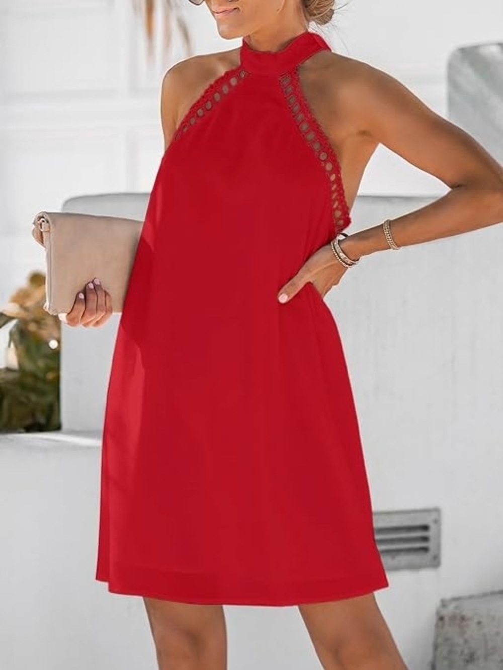 Cupshe Halter Neck Lace-Trim Mini Dress